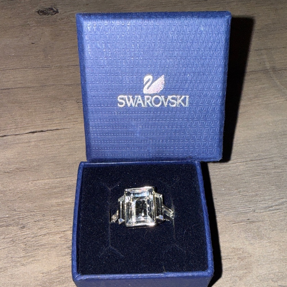 Swarovski Silver-Tone Ring with Clear Emerald-Cut Crystal